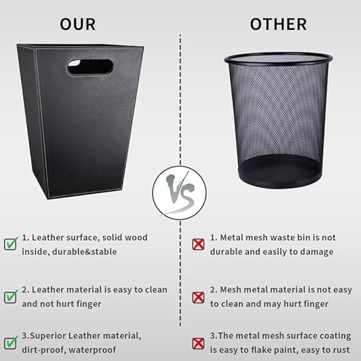 GORESE Pu Leather Trash Can for Bedroom 16L/4.2 Gallon Office Wastebasket with Handles for Near Desk Black Bathroom Garbage Cans for Home Decorative Square Waste Basket Bin for Dorm Easy to Clean