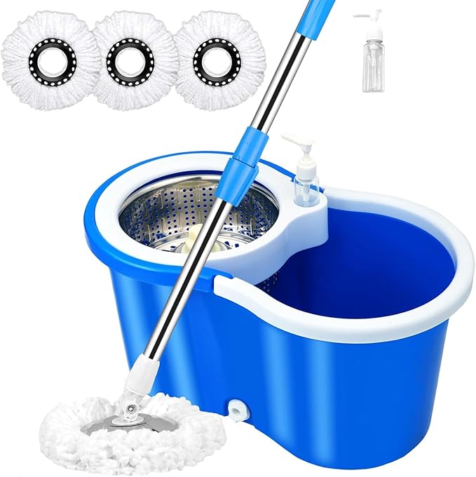 Spin Mop and Bucket with Wringer Set360° Spin Mop &amp Bucket Floor Cleaning System Mop Bucket with 61 Adjustable Extended Handle 3 Microfiber Replacement Head Refills