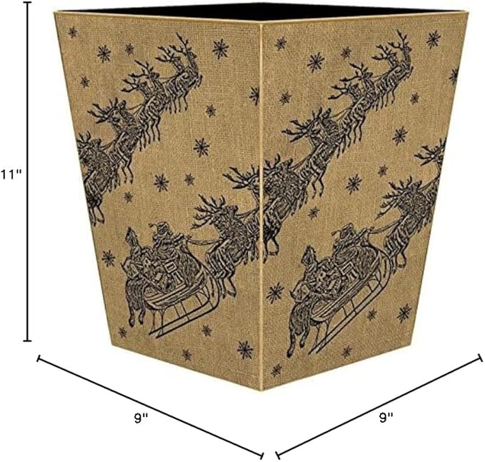 Marye-Kelley- Dash Away Burlap Wastepaper Basket Decoupage Wood Decorative Wastebasket for Kitchen Bathroom Bedroom Living Room Handmade Made in The USA