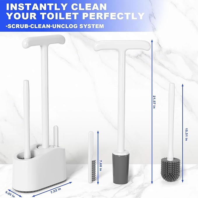 3 in 1 Toilet Brush and Plunger SetExtended Handle PlungerHeavy Duty Toilet Bowl Brush and Holder Hidden Toilet Plunger and Brush SetBathroom Cleaning Supplies (Pure White)