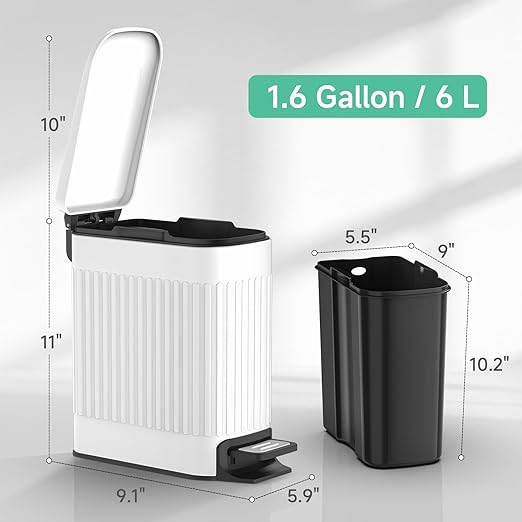 TIPGO Slim Bathroom Trash Can with Lid Soft Close Step Pedal 6 Liter / 1.6 Gallon Stainless Steel Trash Bin Small Garbage Cans for Bedroom Office Kitchen (White)
