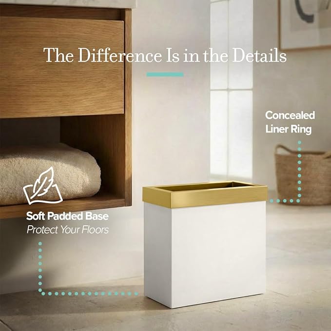 Gatco Modern Rectangle Wastebasket Matte Pearl and Brushed Brass Combo - Stainless Steel Trash Can with Removable Lid Leakproof 3 Gallon Capacity for Bathroom Bedroom Kitchen or Office