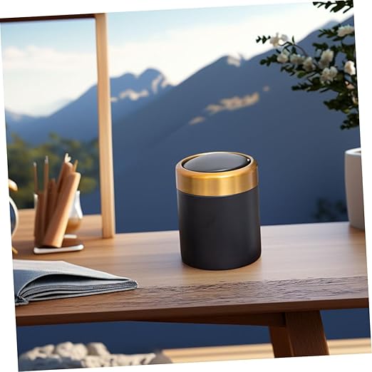 Mini Trash Can with Lid Small Bathroom Waste Basket 304 Stainless Steel Small Wastebasket for Bedroom Desk Kitchen Countertop Black