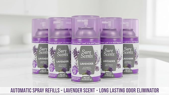 1 - (5 Pack) Automatic Spray Refills – 4.5 oz Each Lavender Scent Air Freshener Refill for Automatic Dispensers – Long Lasting Room Freshener Spray Home Bathroom &amp Office Odor Eliminator