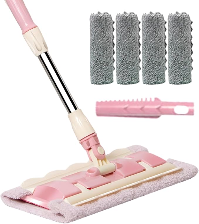 Flat Floor Mop - Ergonomic Swivel Handle Cleaner Includes 4 Washable Microfiber Cloths | Telescopic Handle Versatile Home Maintenance Solution for Tile Stone Concrete Linoleum or Sealed Wood Are
