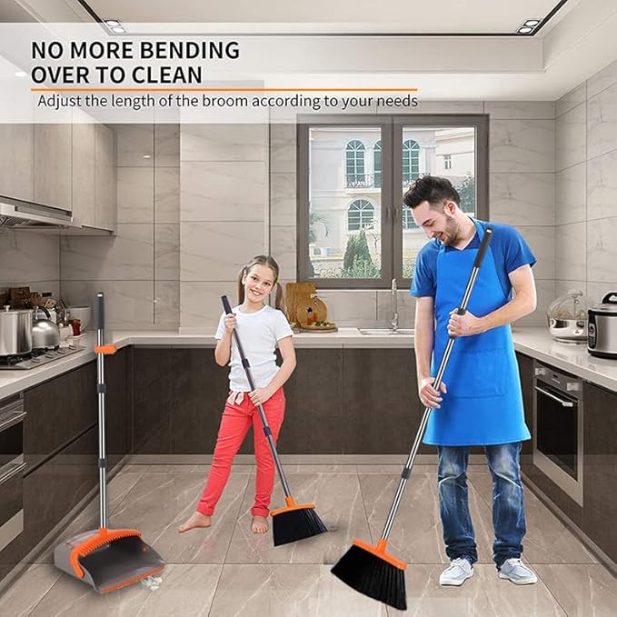 2-Pack is More economicalUpgraded Broom and Dustpanwith 52 Long Handle Dustpan Teeth with self-Cleaning Function Indoor and Outdoor Sweeping Perfect for Home Office (Large Size/Orange /2-Pack)