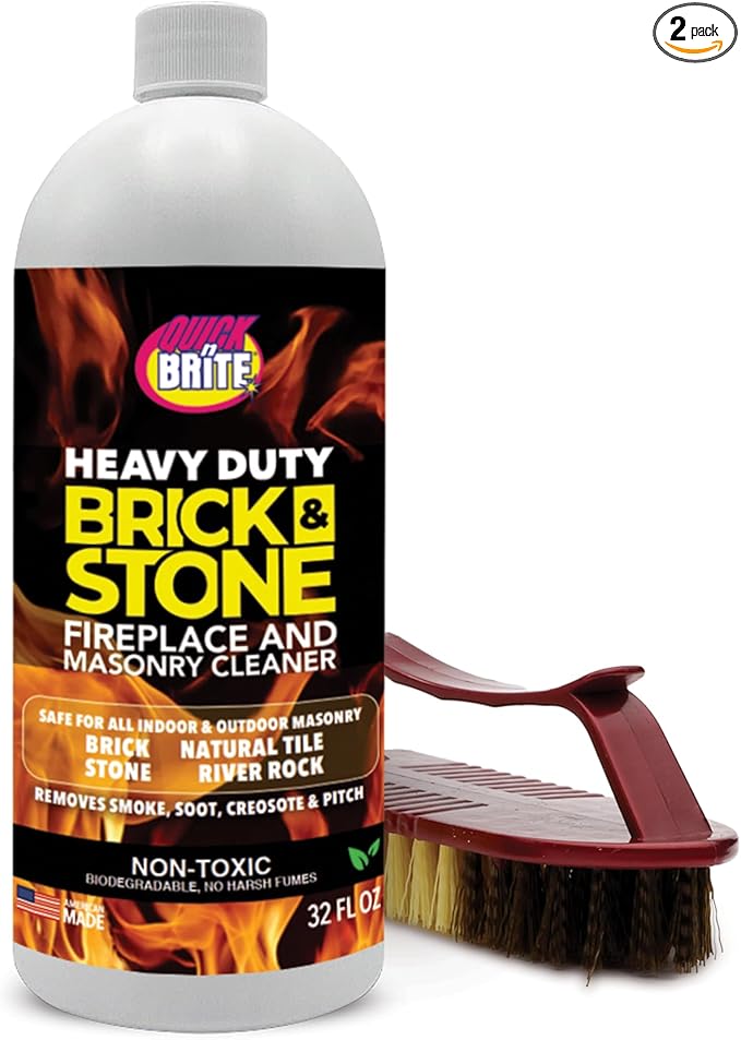 Quick'n Brite Fireplace Brick and Stone Cleaner 32oz with Scrub Brush - Natural Stone Tile and Marble Cleaner - Indoor Fireplace and Wood Stove Cleaning Kit - Pellet Stove Creosote Remover
