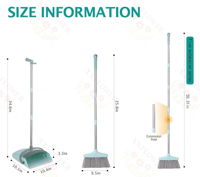 XXXFLOWER Broom and Dustpan Set with Cleaning Teeth+Self-Wringing Twist Mop for Floor Cleaning 57” Long Handle Heavy Duty Microfiber Mop for Wet Mopping on Tile Hardwood Kitchen Bathroom