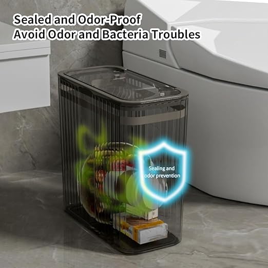 Transparent Trash Can Bathroom Trash Cans with Lids 3.5 Gallon Garbage Can for Bedroom Office Plastic Slim Waste Basket with Press Top Lid 15L Clear Trash Bin for Home Kitchen (Gray)