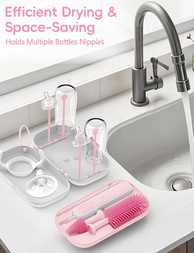 Electric Baby Bottle Brush Cleaner Baby Travel Bottle Cleaner Kit- 2000mAh Rechargeable Silicone Brush Drying Rack Compact Storage Box 360° Efficient Cleaning Bottle Brush for Home &amp On-The-Go