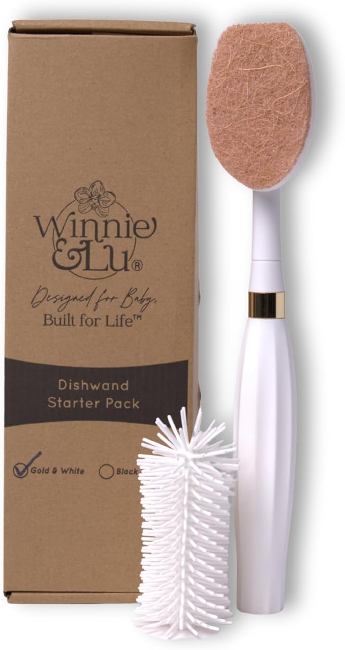 Spristle Wand Starter Set by Winnie &amp Lu – Premium Dish Wand &amp Bottle Washer Set Interchangeable Sponge Silicone Bristle Head Eco-Friendly Cleaning (White &amp Gold)