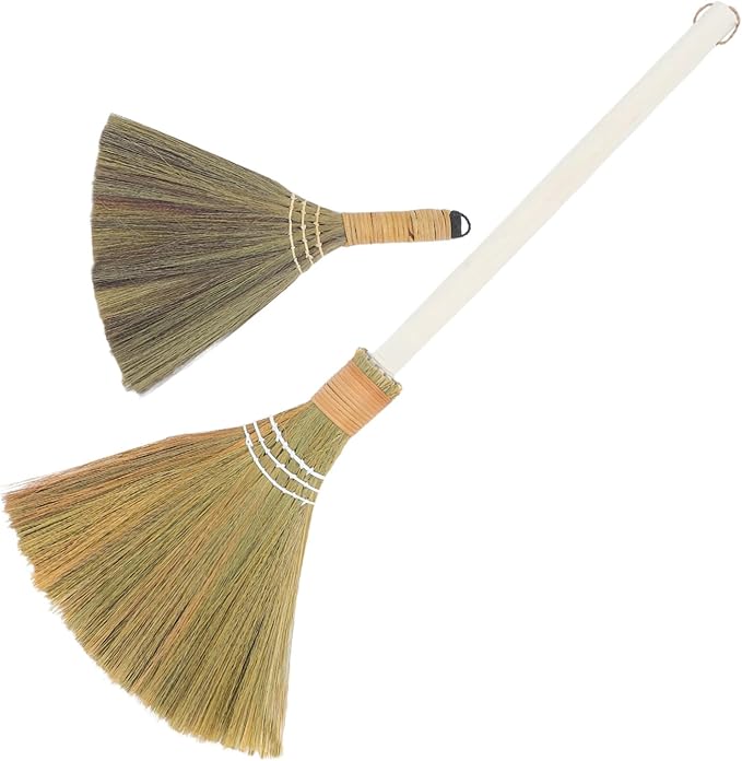 Cabilock 2pcs Natural Straw Soft Bristle Small Whisk Broom Sweep Dust Mop for Home Indoor Broomstick Removable Head Housework