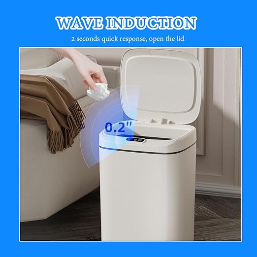 3.7 Gallon Auto-Open Trash Can Touchless Motion Sensor Garbage Bin with Lid 3 Modes Slim Waterproof Plastic Wastebasket for Bathroom Kitchen Office – Creamy White