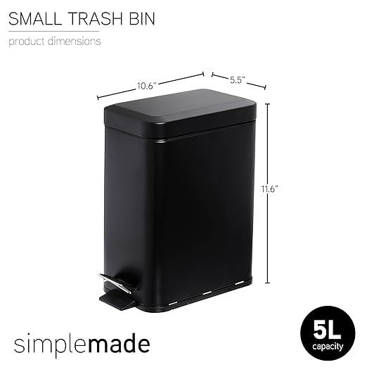 SIMPLEMADE Rectangle Step Trash Can - 5 Liter / 1.3 Gallon - Small with Lid Stainless Steel for Bathroom | Office | Garbage | Metal Wastebasket (Black)