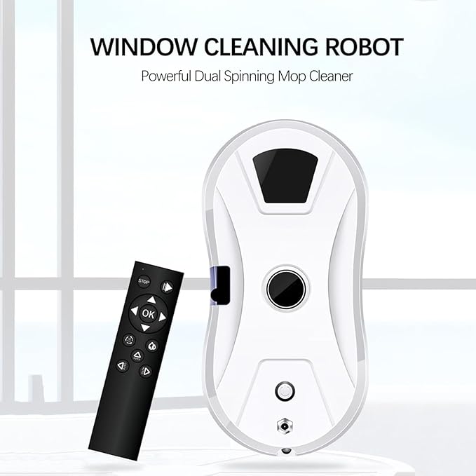 Automatic Smart Window Cleaning Robot with Single Water Spray 5600Pa Suction Multiple Cleaning Modes &amp Remote Control UPS Backup &amp Safety Rope for High Windows Mirrors and Tiles (White)