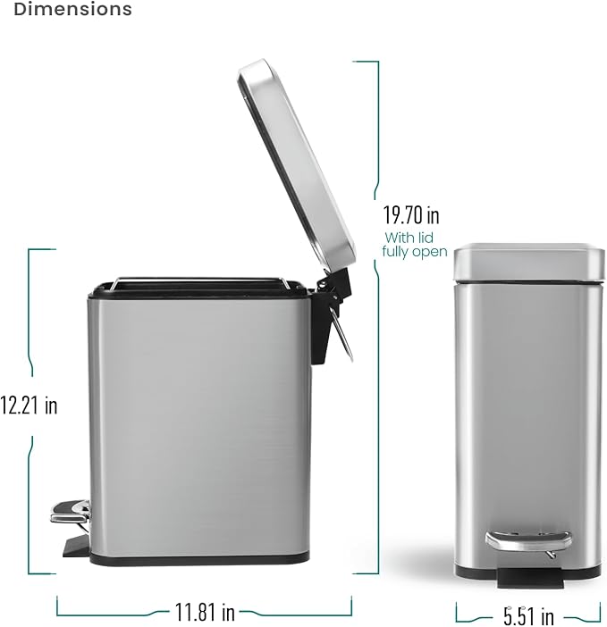 Home Zone Living 1.3 Gallon Small Bathroom Trash Can with Lid and Step Pedal Stainless Steel Wastebasket with Slim Design for Home and Office Silver 5 Liters
