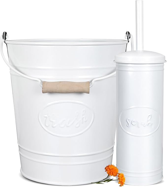 Autumn Alley Rustic Farmhouse White Bathroom Trash Can and Toilet Brush Set – Bathroom Accessories for Modern Farmhouse Charm White Trash Can with Toilet Brush and Holder 2 Gal. Capacity