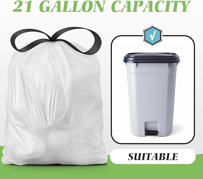 21 Gallon 120 Counts Strong Drawstring Trash Bags Garbage Bags by Teivio Bathroom Trash Can Bin Liners Plastic Bags for home office kitchen White