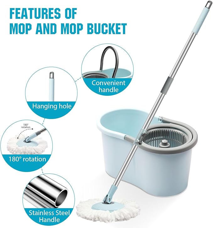 Spin Mop and Bucket with Wringer Set 360° Spinning Mop Bucket System with 3 Microfiber Mop Replacement Heads and 50 Stainless Steel Adjustable Handle for Floor Cleaning