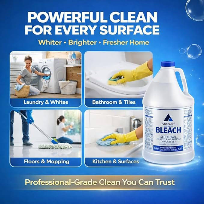Liquid Chlorine Bleach Gallon – 6Pcs 1 Gallon Jug Bleach for Laundry Household Cleaning Commercial Use - Highly Concentrated Formula Bathroom Cleaner Ideal for Kitchen Surfaces Tiles Floors