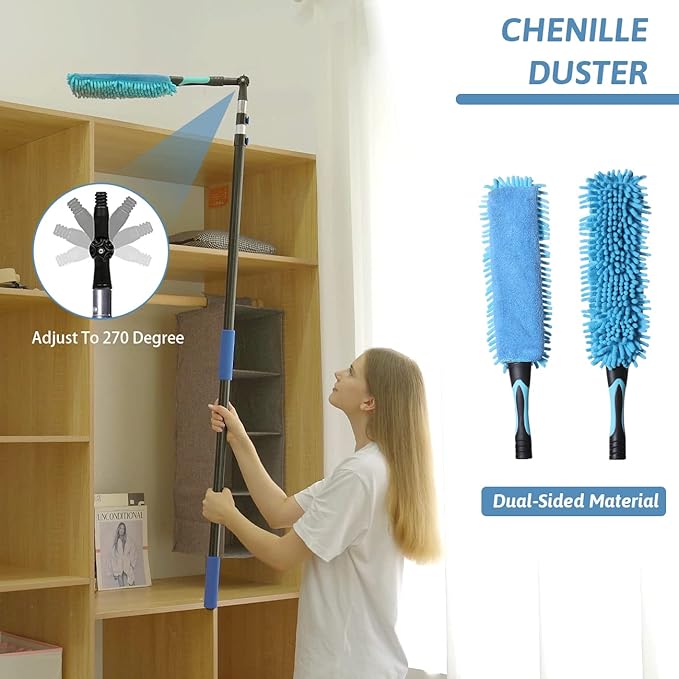 MAYKI 20 Foot High Reach Dusters for Cleaning 5 PCS Ceiling Fan Dusters with Extension Pole Cobweb Duster with Extension Pole for High Ceilings/Fans 2 in 1 Window Squeegee Duster