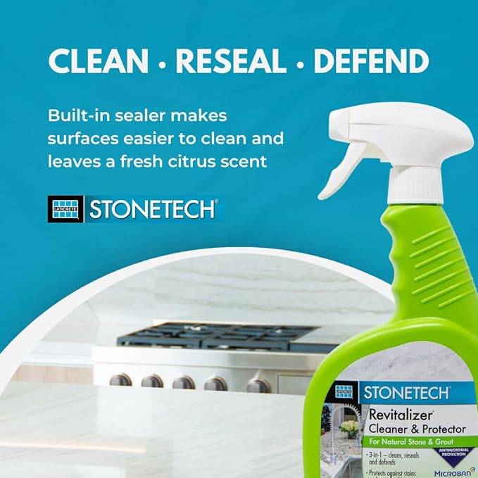 StoneTech Revitalizer Cleaner and Protector | Natural Stone Cleaner | Marble Quartz Granite Countertop Cleaner | 3-in-1 Cleans and Reseals | 2-Pack 24 oz Spray + Microfibers Citrus Scent