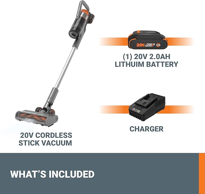 WORX 20V Cordless Stick Vacuum WX038L.1 Powerful Cordless Vacuum Cleaner 25Kpa High Suction for Pet Hair Lightweight Handheld Vacuum Cleans Floors Carpet Car – Battery &amp Charger Included