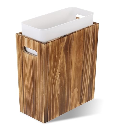 3 Gallon Wooden Trash Can with Liner Small Solid Wood Waste Basket with Handles Trash Can Narrow Garbage Decorative Wastebasket for Bedroom Bathroom Kitchen Living Room Office Decorative