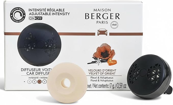 Maison Berger Car Diffuser Set – Refillable Vent Clip Ceramic Refill Made in France - Luxury Auto Scent - 4-Week Diffusion - Elegant Air Freshener for All Car Vents (Velvet of Orient)