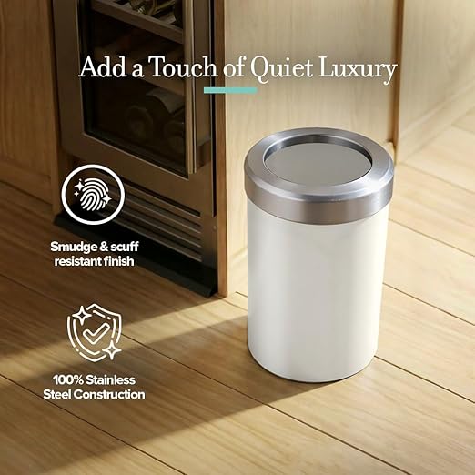Gatco Small Bathroom Trash Can with Lid Round 3 Gallon Stainless Steel Wastebasket Under Sink Matte Pearl and Satin Nickel for Bathroom Bedroom Office (1931SN)