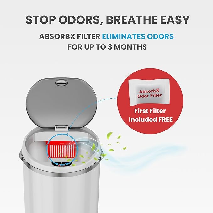 iTouchless 13 Gallon Touchless Sensor Trash Can with Odor Filter System Round White Steel Garbage Bin for Home Kitchen Pale White 13 Gal