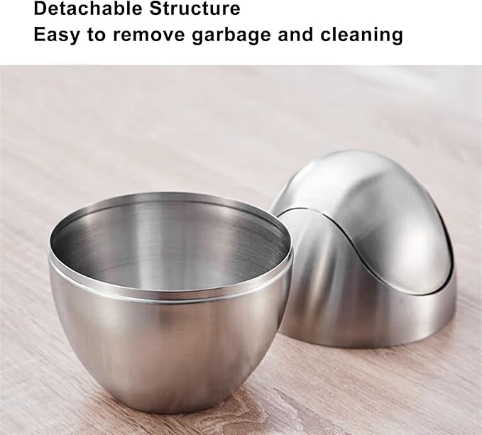 Tyenaza Mini Trash Can Egg-Shaped Stainless Steel Countertop Garbage Bin Mini Desk Can with Swing Lid for Office Desk Coffee Table Vanity Tabletop Bedroom