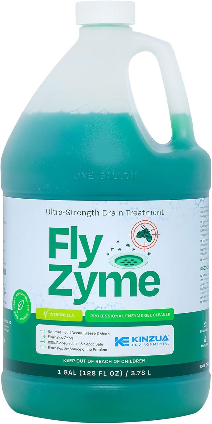 KINZUA ENVIRONMENTAL Fly-Zyme Highly Concentrated Enzyme Drain Cleaner for Pipes &amp Citronella Scented Organic Waste Degrader &amp Odor Neutralizer 1 Gallon