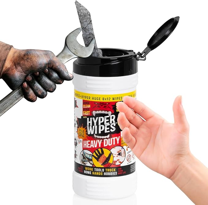 Hyper Wipes 2 Pack Heavy Duty Hand &amp Tool Cleaning Wipes 8x12 Size Multi-Surface Cleaning Wipes Degreasing All Purpose Cleaner Bathroom Mechanic Work Surface Wipes 180 Count Canister