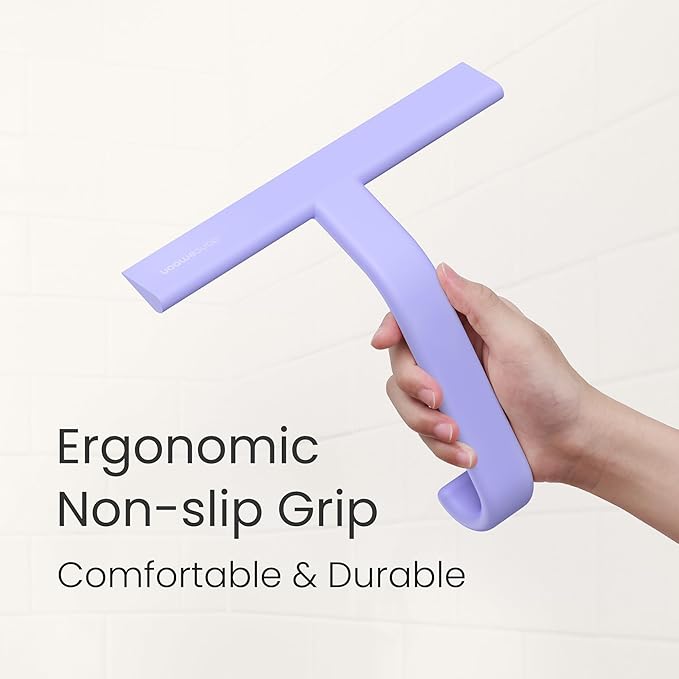 dancemoon JustHang Shower Squeegee for Glass Doors All-in-One Piece Silicone Squeegee with Built-in Hook for Bathroom Window Mirror Tile Wall Car Streak-Free Bathroom Cleaner Tool10 Inch Purple