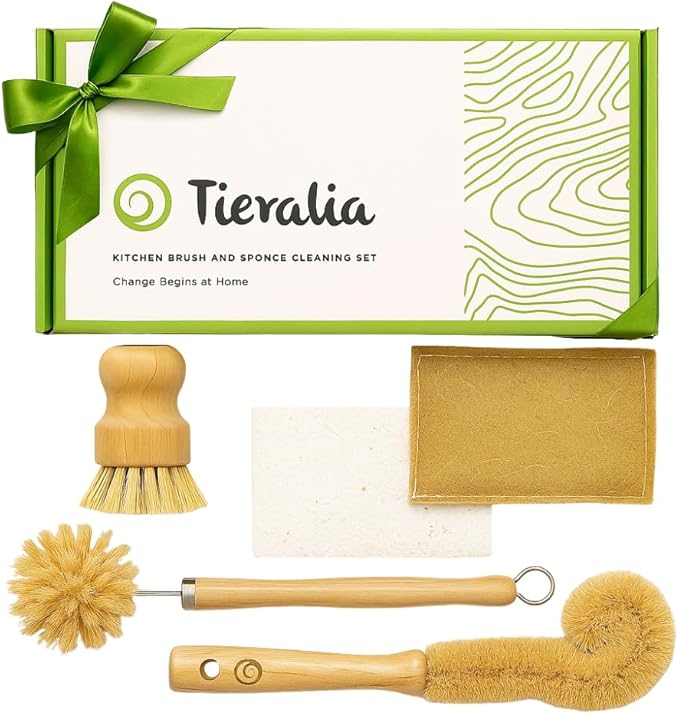 Tieralia Bamboo Dish Brush Gift Set – 5-Piece Kitchen Cleaning Set with Bottle Brush Round Scrub Brush Palm Brush &amp 2 Plant-Based Sponges | Wooden Handle Cleaning Tools for Dishes &amp Surfaces