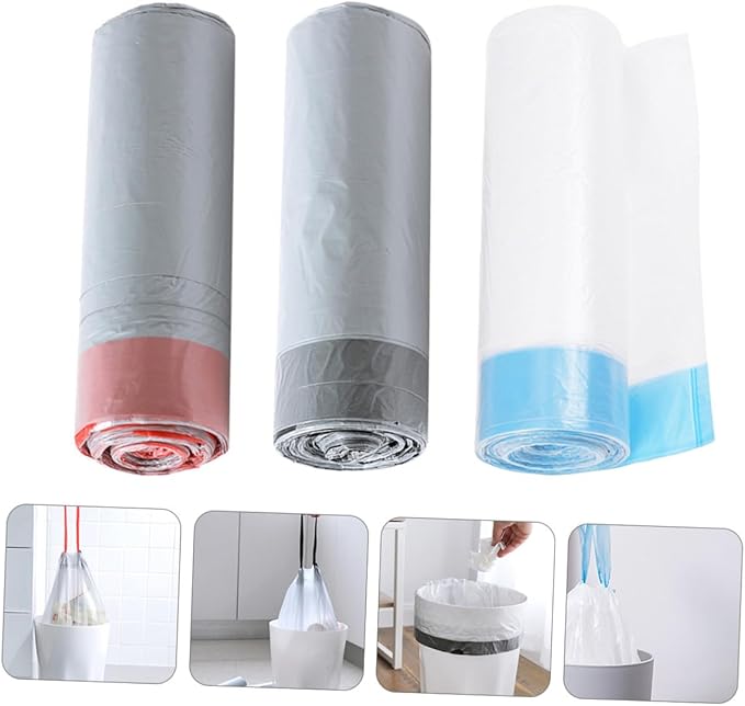VILLCASE Disposable Drawstring Trash Bags 90pcs Portable Rubbish Bags with Handles Gray and White Color Mixed Suitable for Kitchen and Bathroom Waste Disposal Random Color