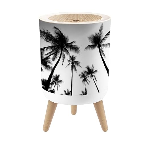 Bathroom Trash Can with Lid Black White Photo Palm Trees Garbage Bin Waste Basket for Kitchen Office Bedroom Decoration Diaper Pail 1.8 Gallon