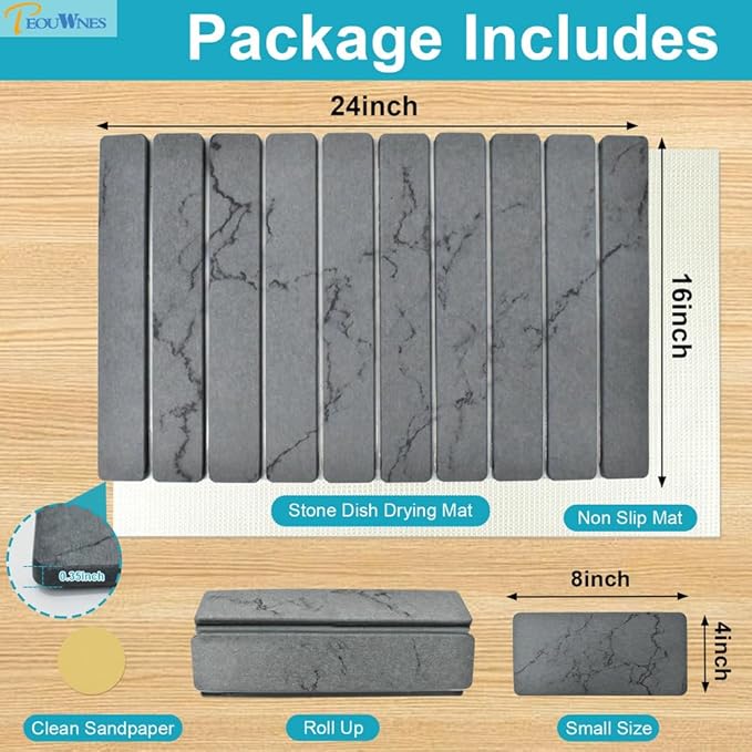 2 PCS Diatomaceous Stone Drying Mat for Kitchen Counter Quick Dry Collapsible Stone Dishes Mats Marbled Absorbent Bath Mat for Countertop Bottles Utensils Cups Dark Gray 24×16 &amp 8x4