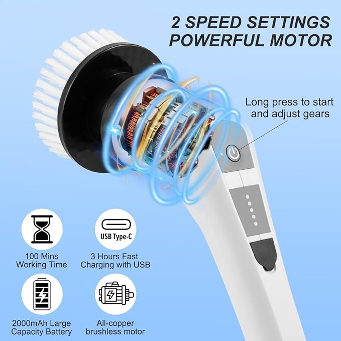 Electric Spin ScrubberCordless Spin Scrubber for Cleaning with 8 Replaceable Brush HeadsShower Scrubber with Adjustable Detachable Handle for BathroomKitchen