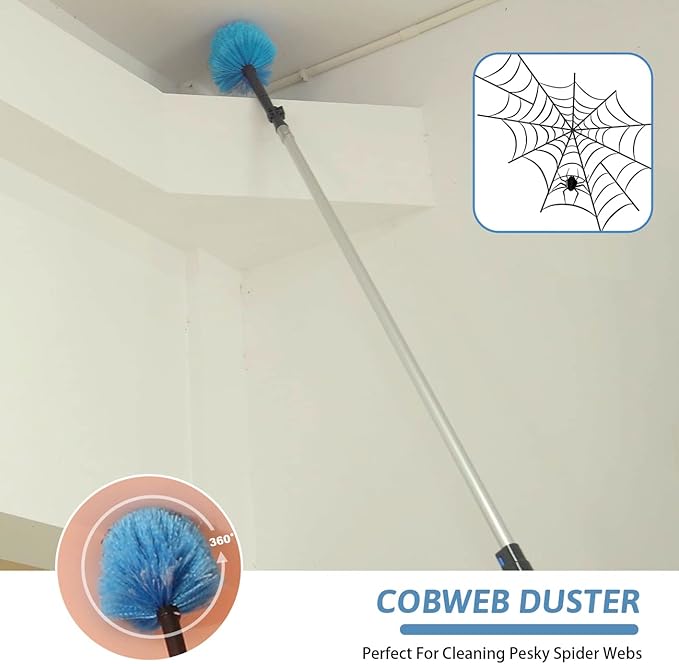 MAYKI 20 Foot High Reach Dusters for Cleaning 5 PCS Ceiling Fan Dusters with Extension Pole Cobweb Duster with Extension Pole for High Ceilings/Fans 2 in 1 Window Squeegee Duster