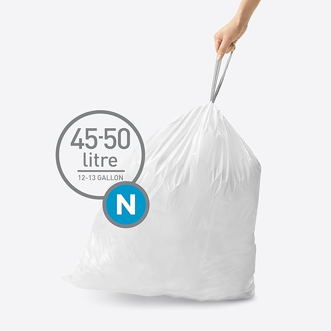 simplehuman Code N 200 Count Dispenser Pack Custom Fit Liners Drawstring Trash Bags 45-50 Liter / 11.9-13.2 Gallon White