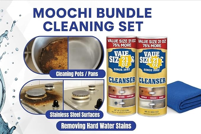 MOOCHI Cleaning Bundle Set Bar-Keeper’s-Friend Powder Scrub Cleaner – 2x Large 21 oz Cans Heavy-Duty Microfiber Towel – Rust Stain &amp Grime Remover – Custom Bundled