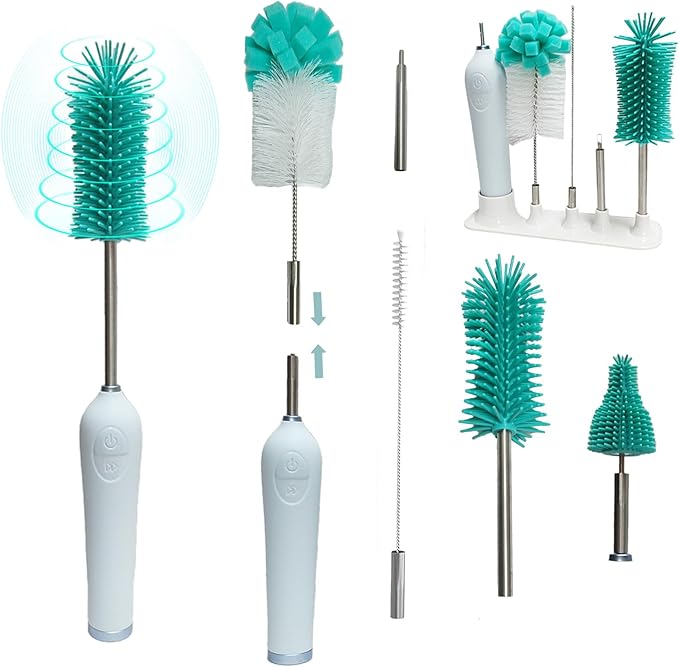 Electric Baby Bottle Brush With Holder Stainless Steel Automatic Cleaner With Extension Handle Sponge Silicone Water Cleaner Nipple and Straw Brush - Green
