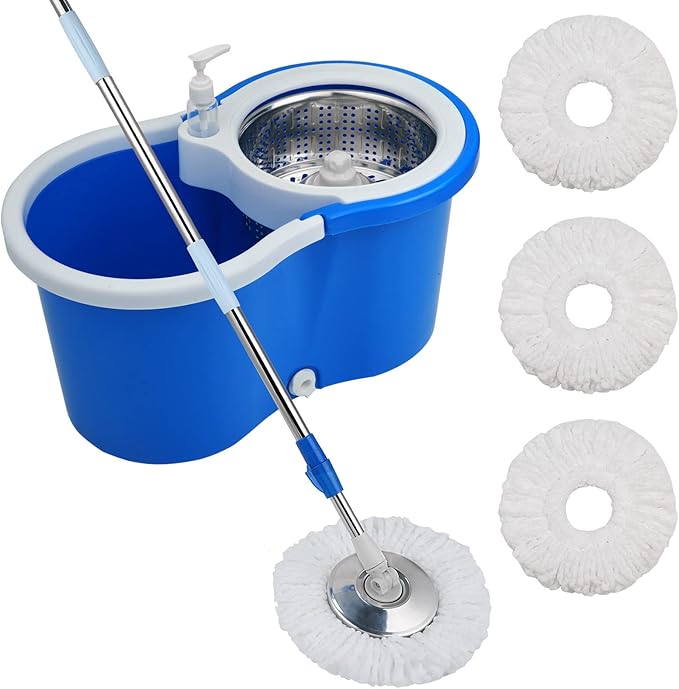 Mop and Bucket Set 360° Spin Mop and Bucket with Wringer Set and 3 Microfiber Mop Refills Stainless Steel 61'' Extended Handle Spinning Mop Bucket System for Floor Cleaning