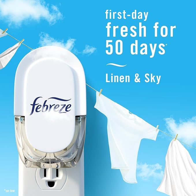 Febreze Plug In Air Freshener Odor-Fighting Scented Oil Refill For Home Bathroom &amp Kitchen Long Lasting for Strong Odors Linen &amp Sky Scent 0.87oz Refills 9 Count