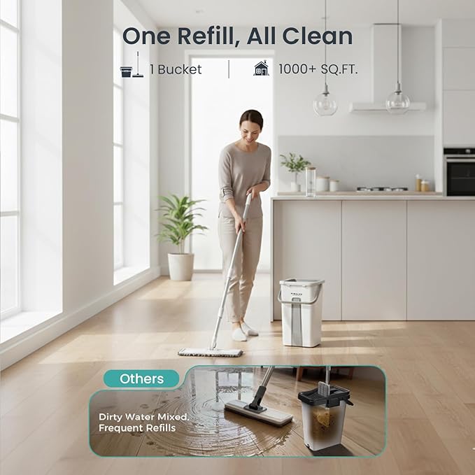 VIMALIFE Mop and Bucket Set with Wringer Self Cleaning Flat Mop and Bucket System 2 Parts Bucket Wash &amp Dry System 360° Rotating 3 Microfiber Pads Included Ideal for Homes Floor &amp Wall Ce