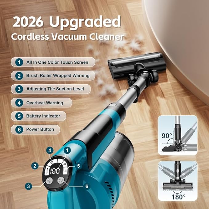 8000mAh Cordless Vacuum Cleaner 700W 60Kpa Brushless Vacuum Cleaners for Home 6 in 1 Cordless Stick Vacuum Clearner Stick Vacuum with Led Display for Hard Floors/Carpet/Pet Hair/Dorm
