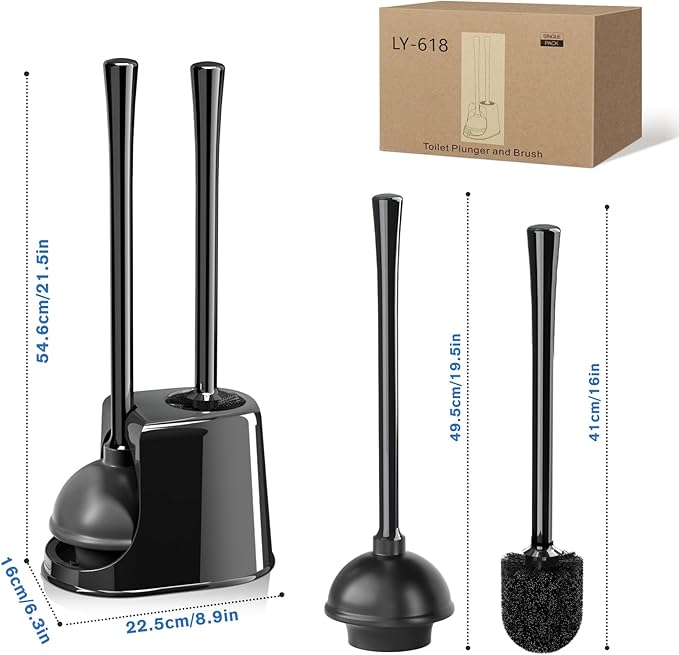 Toilet Plunger and Brush Set2 Pack Bowl Brush and Heavy Duty Toilet Brush with Ventilated Holder 2-in-1 Toilet Brush and Plunger Combo for Bathroom Deeply Cleaning（Black）