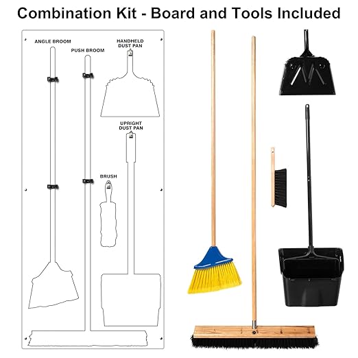 Clean &amp Sweep 5S Shadow Board/Wall Mount Broom Holder 68 x 30 Board 5S Cleaning Station - with Broom and Dustpan Set Included Made in The USA by AccuformNMC White/White PSB116WTWT